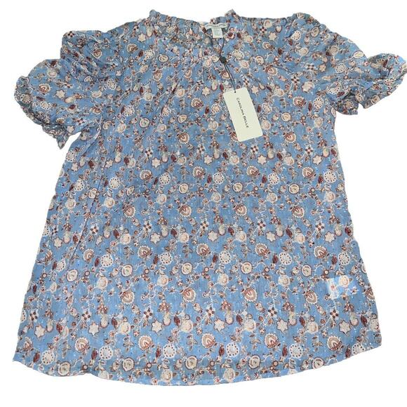 Carolina Belle Blouse Women M Blue Short Ruched Sleeve Dotted Swiss Ruffle Neck - Picture 1 of 6